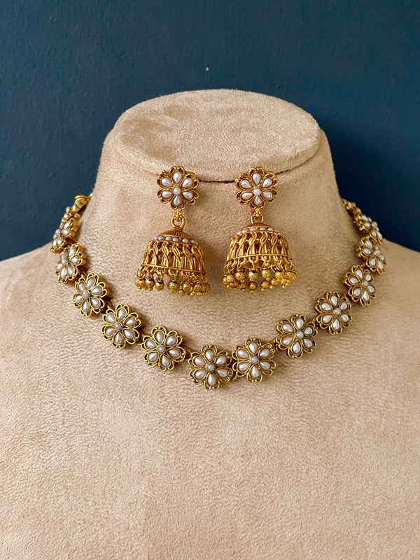 White Flower Necklace with Jhumka