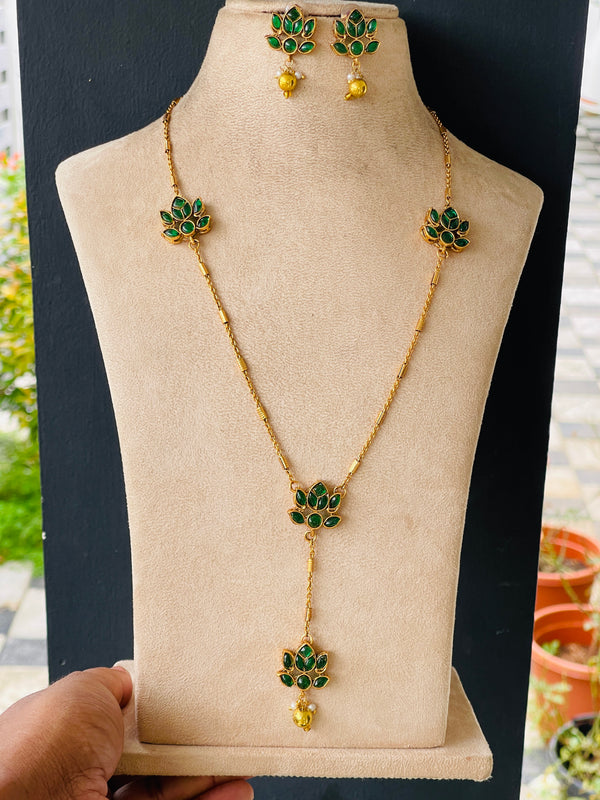 Long hanging Emerald Lotus Necklace