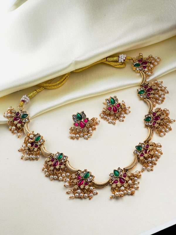 Ruby and Emerald White Stone Pearl Lotus Necklace