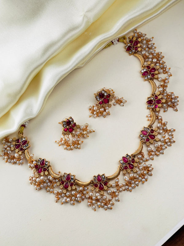 Ruby White Stone Pearl Lotus Necklace