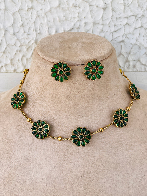 Ruby Flower Gold Beads Necklace