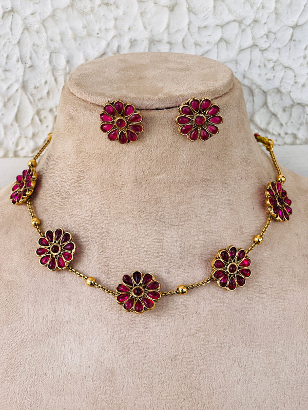 Ruby Flower Gold Beads Necklace