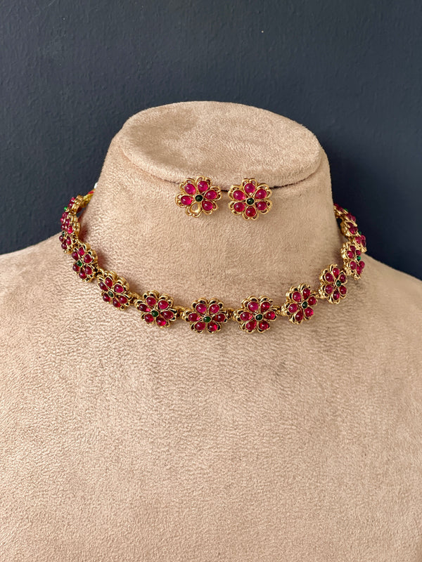 Ruby flower and green necklace