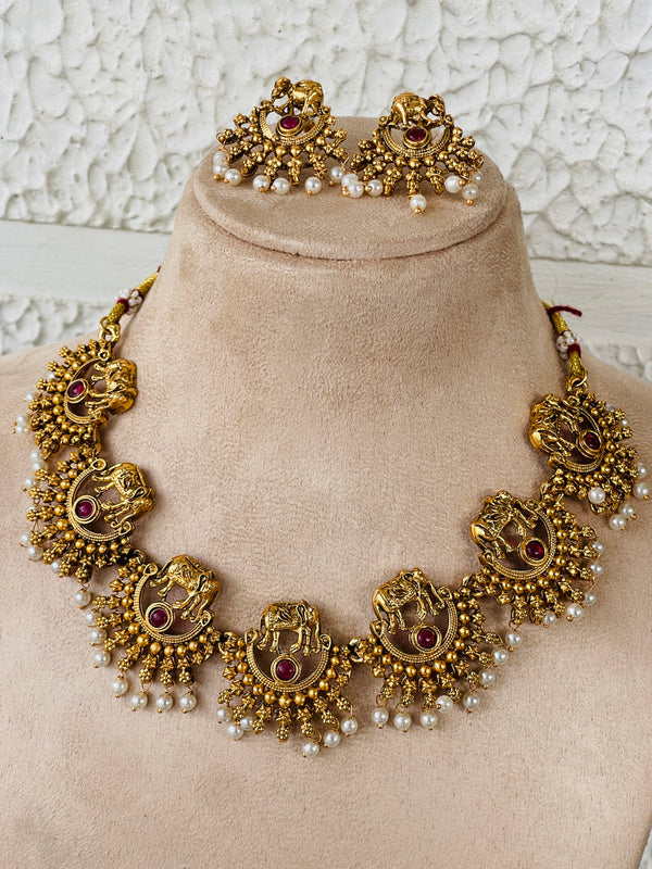 Ruby Elephant Pearl Necklace