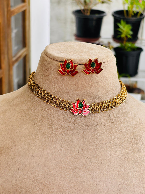 Ruby Enamel Lotus Knote Design