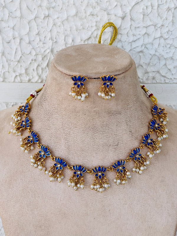 Blue Lotus kundan and Pearls necklace