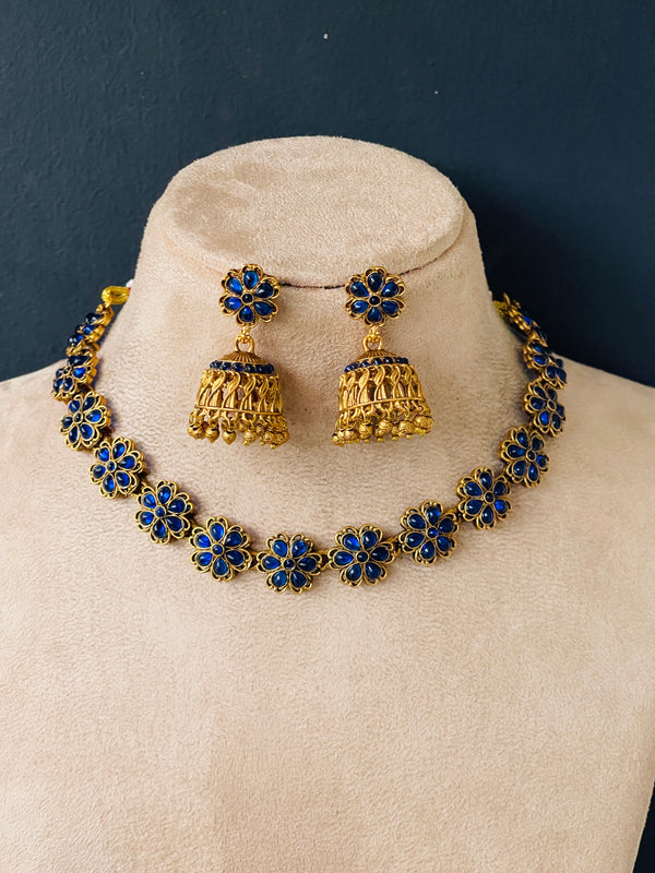 Blue Flower Necklace with Jhumka
