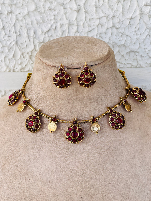 Ruby Flower and coin necklace