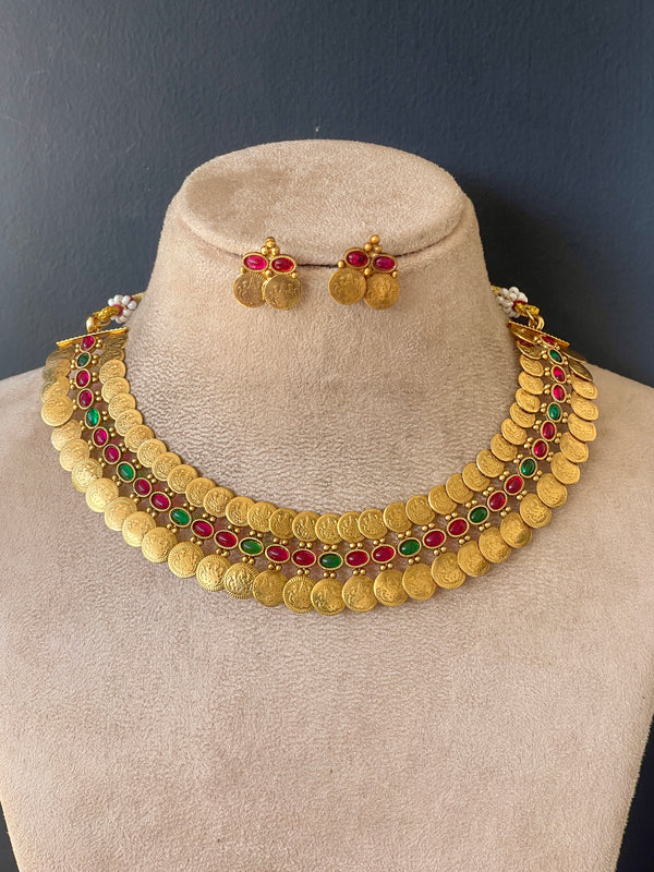 Multi stone 2 layer coin necklace