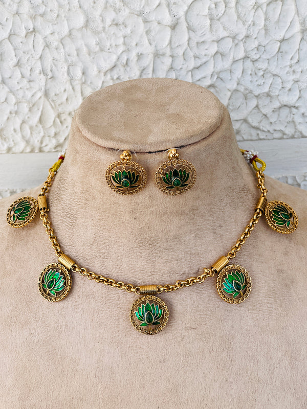 Emerald round coin lotus Necklace