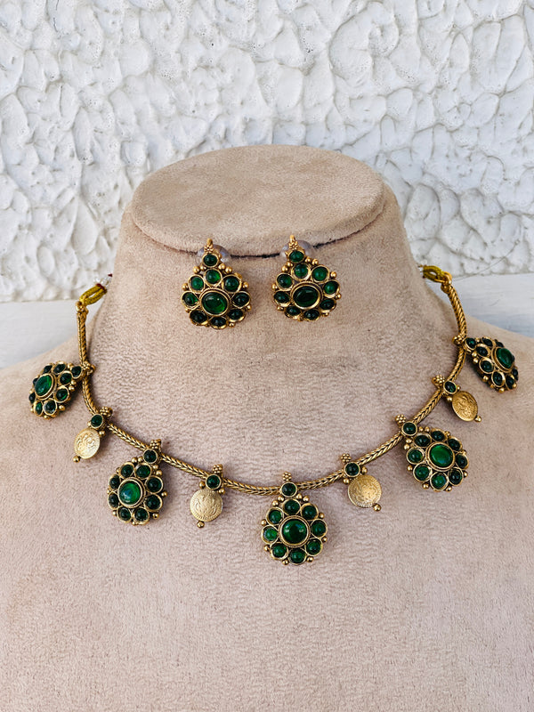 Emerald Flower and coin necklace