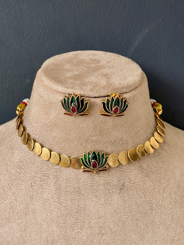 Emerald Lotus coin necklace