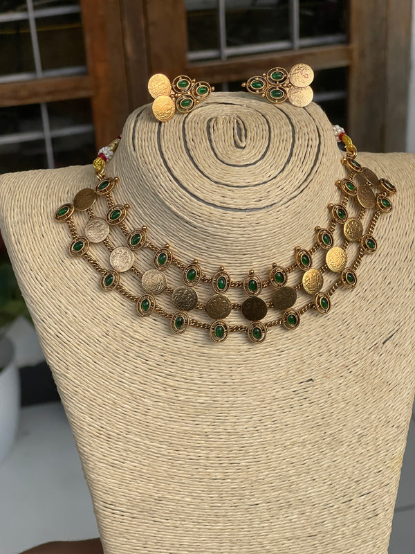 Coin Layered Emerald Goddess Necklace