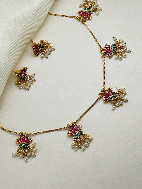 Multi Color Lotus Kundan Necklace