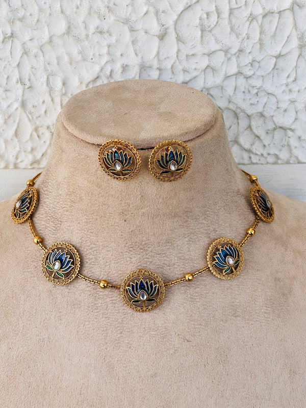 Navy Blue round coin lotus Necklace