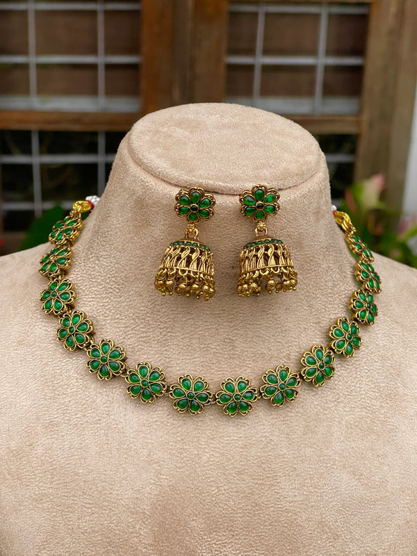 Green Flower Necklace with Jhumka