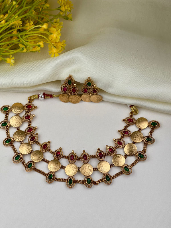 Antique Gold Plated Multi Stone Coin Necklace.