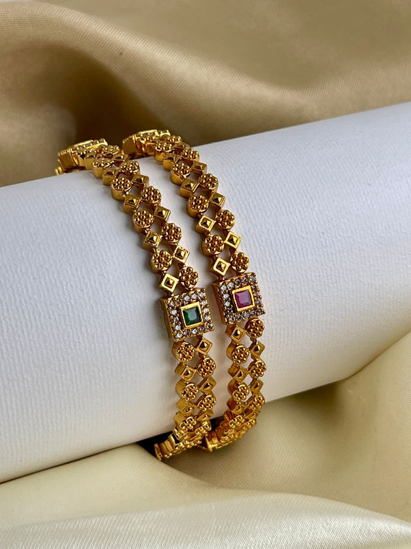 Gold and Diamond Ruby and Emerald Stone Flower Bangle SIZE 2.6