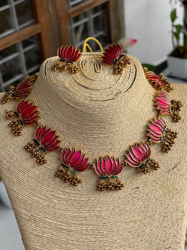 Premium Enamel Pink Lotus Necklace
