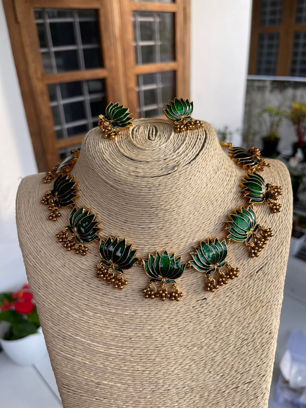 Premium Enamel Green Lotus Necklace