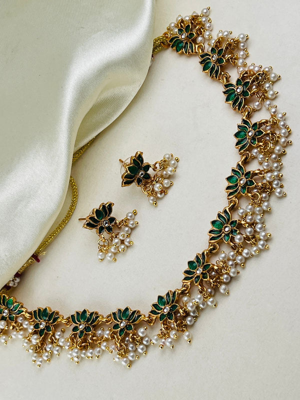 Green Lotus Kundan and Pearl