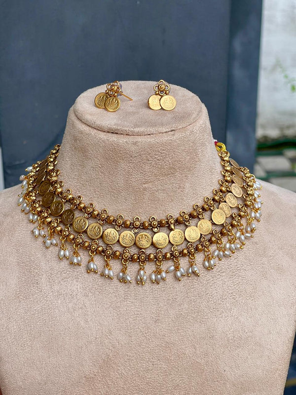 Antique Gold Plated Rice Pearl Coin Necklace .