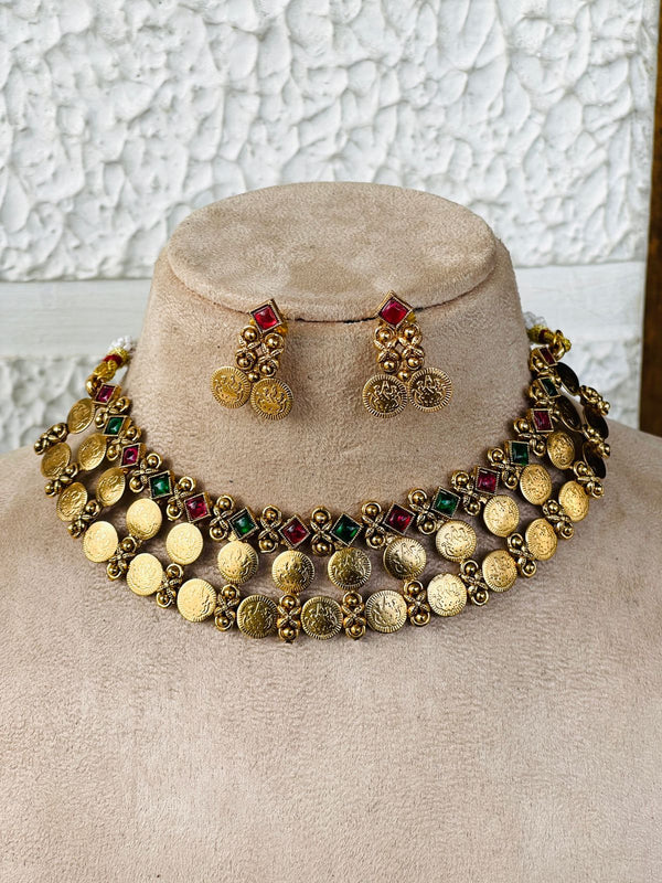Ruby and Emerald Coin Layer Necklace
