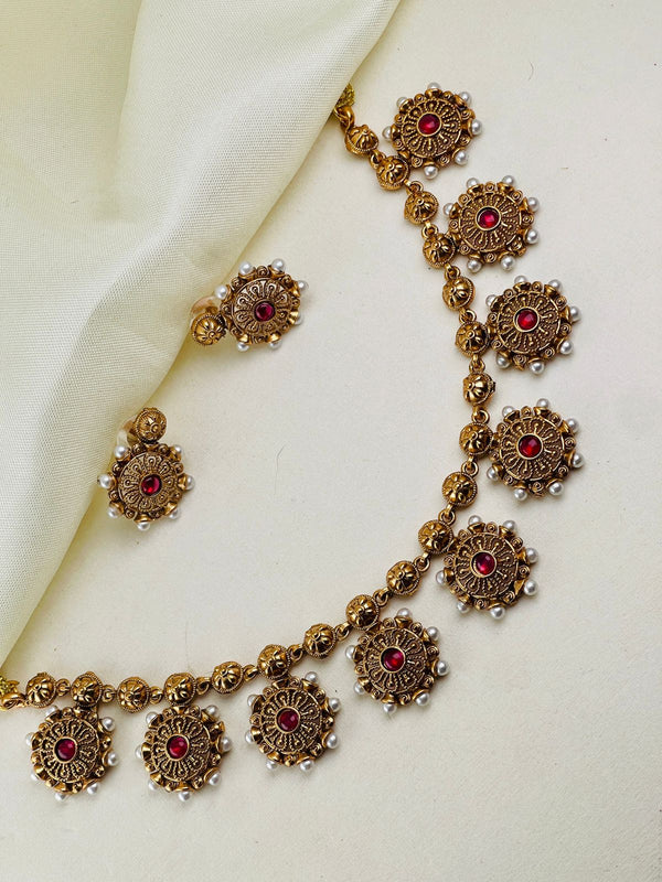 Ruby Flower design Beads Necklace