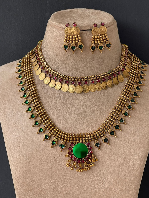 Emerald Palakka And Coin Double Layer Necklace
