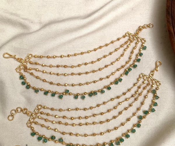 Premium Quality Emerald  Green Beeds 5 Layer Ear Chain