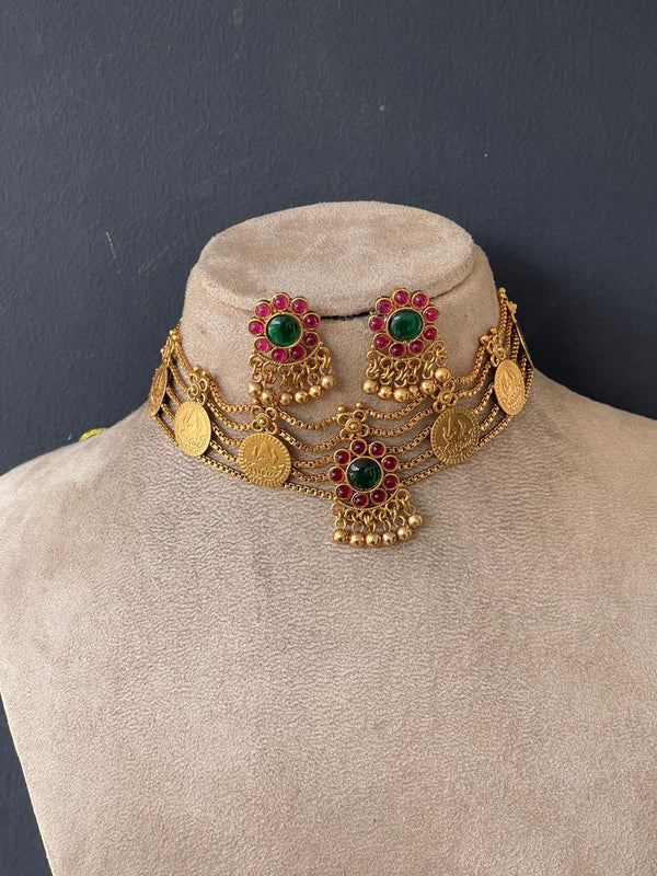Ruby Emerald Flower And Coin Chocker