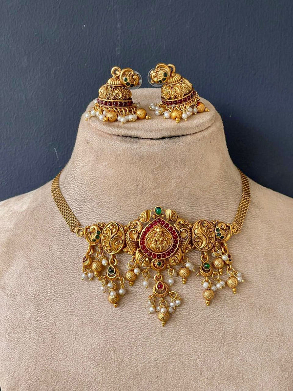 Multi Stone Gold Goddess Chocker With White Pearl