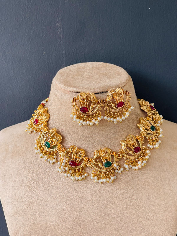 Multi Stone Gold Elephant White Pearl Chocker