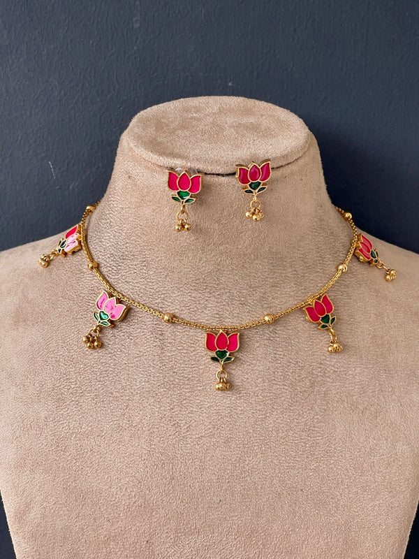 Rani Pink And Emerald Lotus Gold  Chocker