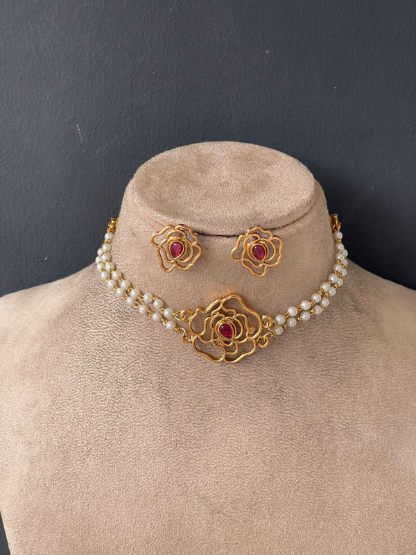 Ruby  Rose Flower White Pearl Chocker