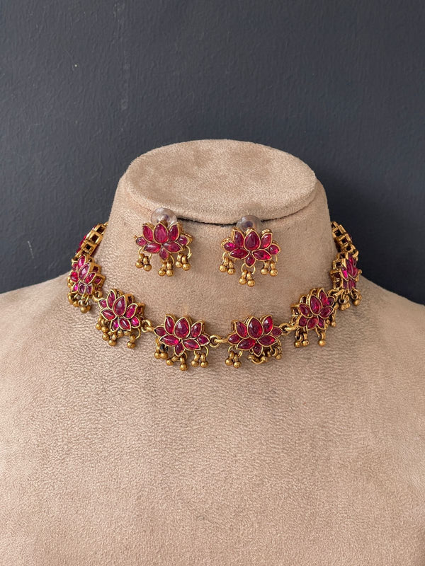 Magenta Lotus Chocker With Gold Beads