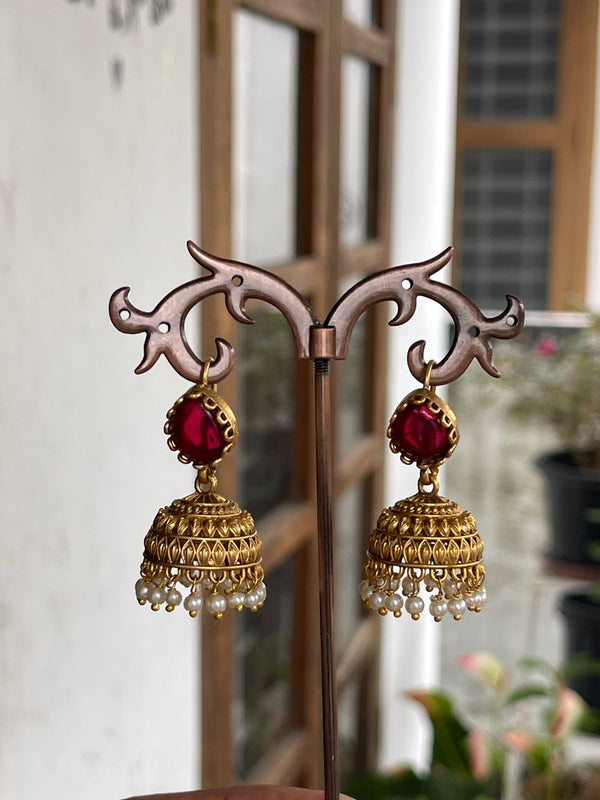Ruby Gold Jumkha With White Pearl