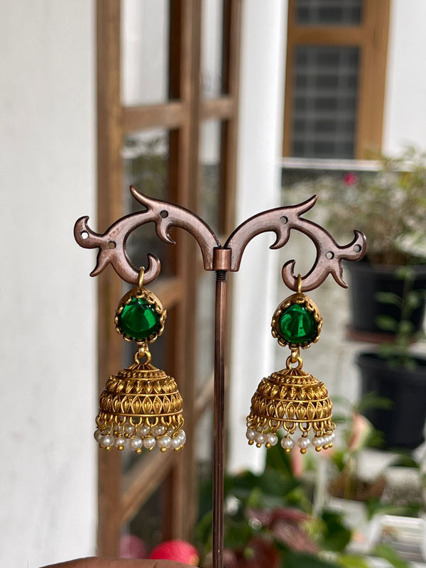 Emerald  Gold Jumkha With White Pearl
