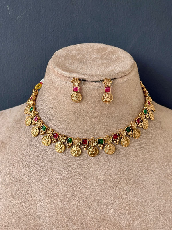 Multi Stone Gold Coin Flower Necklace