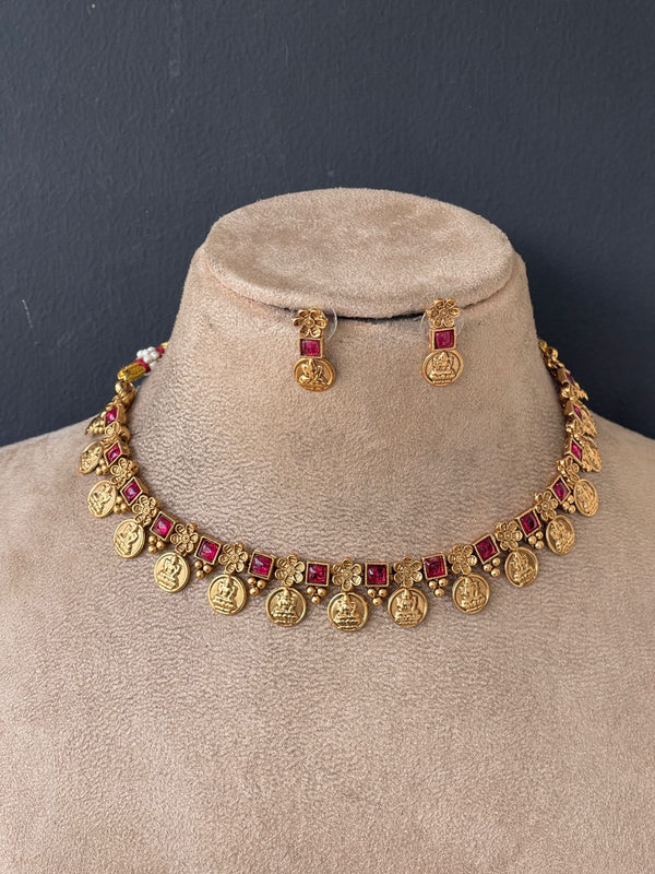 Ruby Stone Gold Coin Flower Necklace
