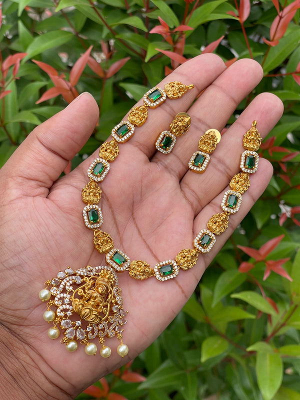 Premium Emerald And White Stone Gold Goddess Necklace